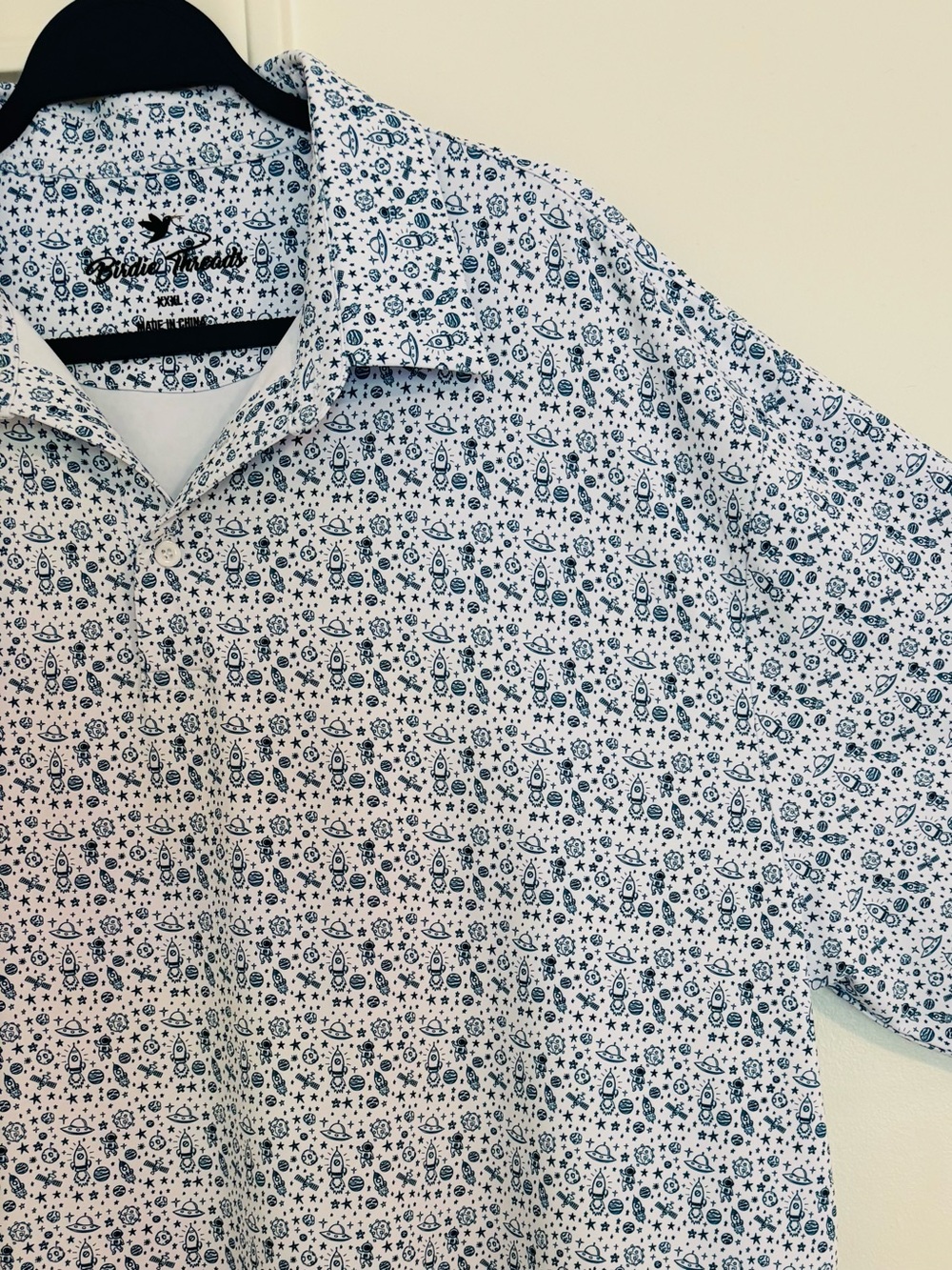 Men's White Short-Sleeve Polo with Navy Space Themed Print - Moisture Wicking